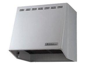 プロペラ式レンジフードを取り替える！　レンジフード 富士工業製（Panasonic）QSS63AH1F2　間口60cm　シルバー　壁付けタイプ　ブーツ型プロペラファン　上幕板付き